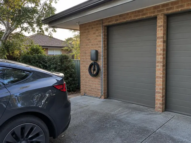 Wall-mounted EV charger on a brick garage wall beside a driveway in Forestville