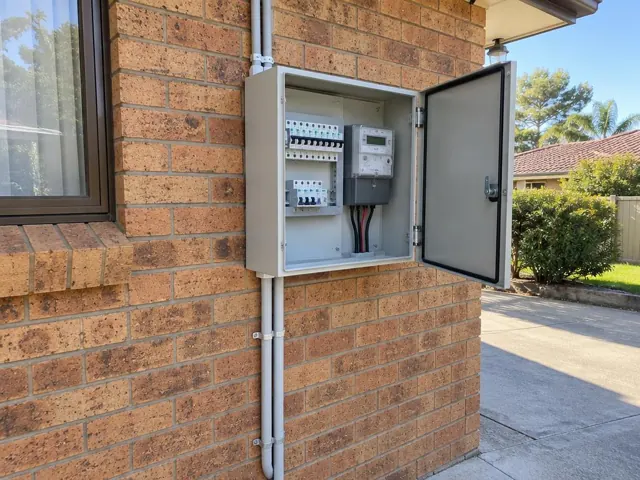Open external switchboard on a brick house wall beside a window and driveway in Forestville